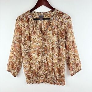 Nordstrom Brown Floral Sheer Chiffon Blouse Shirt Small Cottage Boho Business
